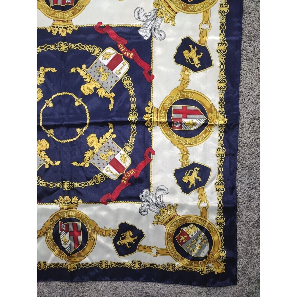 Basha Vintage Heraldic Print Scarf Hand Roll 30 in W X 30 in L Shield, Lion Gold - Picture 4 of 10